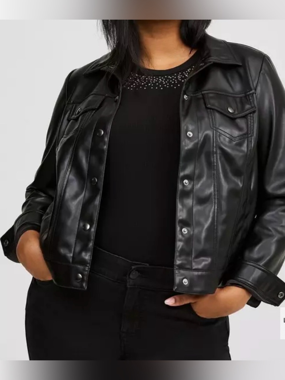 Torrid Black Faux Leather Trucker Moto Jacket Vegan Biker Sz 2 2X Snap NWOT
